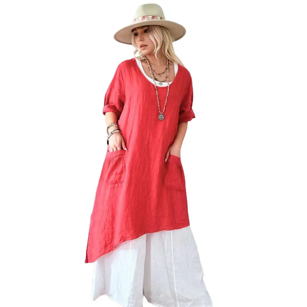 

Women Dress Stylish Irregular Hem Maxi Dress With Patchwork Design Color Matching Pockets For Women Wear For Fall Summer Loose
