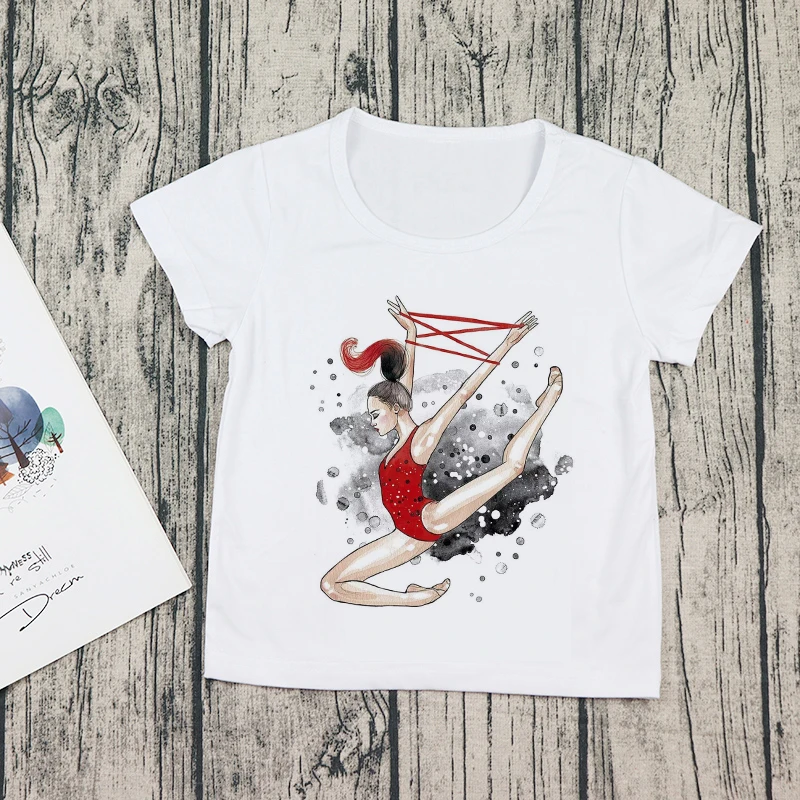 

2022 Summer Watercolor Ballet Dancer Print Girl White T-shirt Gymnastics Dance Children Baby T-shirt Kids Casual T-shirt 3-13Y