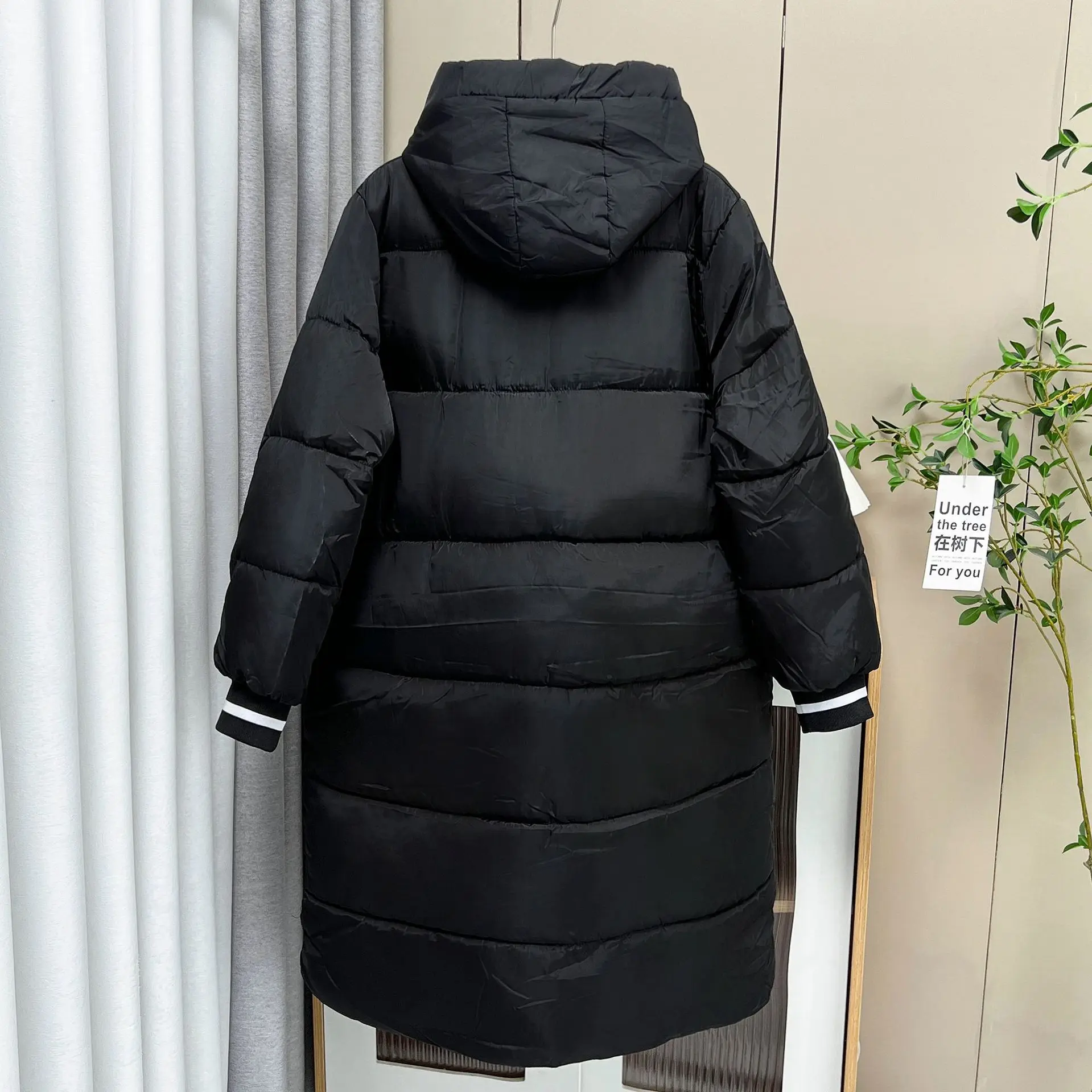 XXXXXL Fashion Plus Size Women's Parkas Winter Loose Black Thick Hooded Stripe Cuffs Warm X-Long Padded Coat 6860