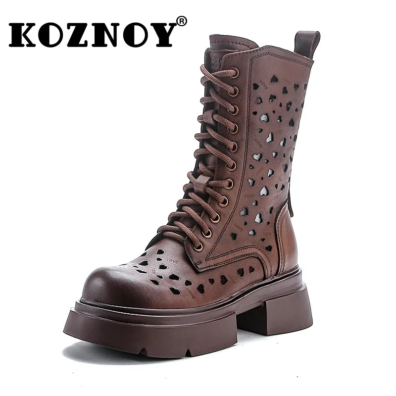 

Koznoy 5.5cm Genuine Leather Sandals Hollow Ankle Booties Motorcycle Natural Boots Women Chimney Moccasins Fashion Summer Shoes