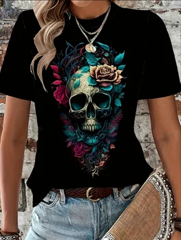 Women's fashion casual loose floral skull print round neck short sleeved comfortable T-shirt top 1