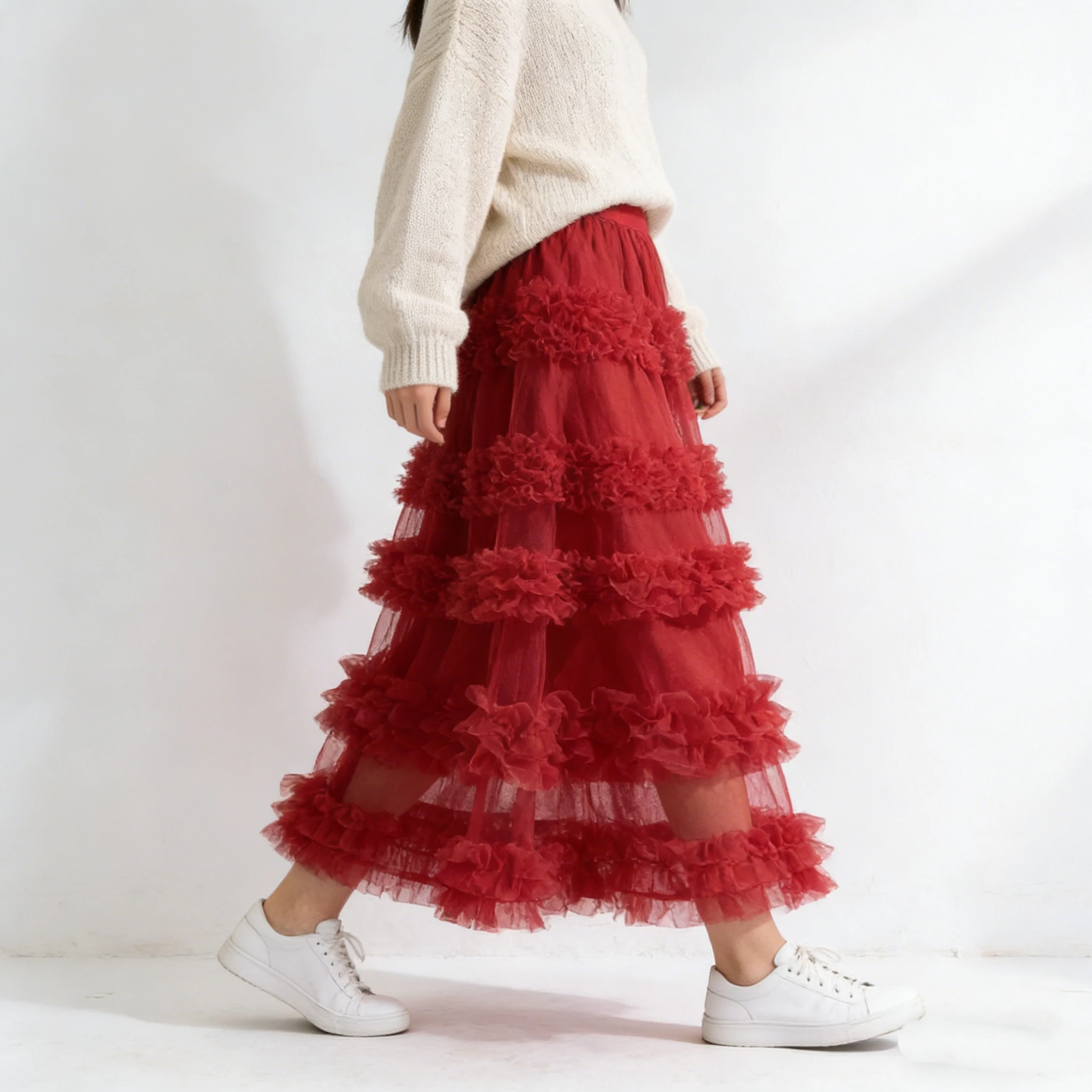 Women's Ruffle Trim Mesh Tutu Skirt, Tiered Layered A-Line Flared Skirt, High Waist Soft Tulle Puffy Skirt, Spring Summer