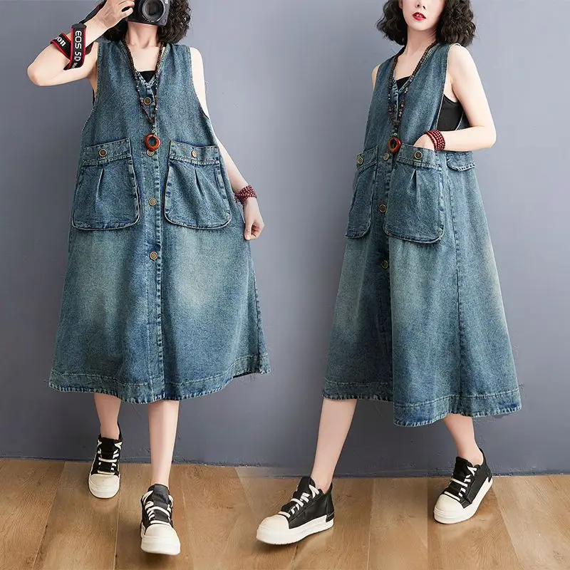 

Vintage Korean Denim Sundress Female Clothing Casual Loose Fashion Pockets Patchwork Summer Thin Sleeveless A-Line Midi Dress