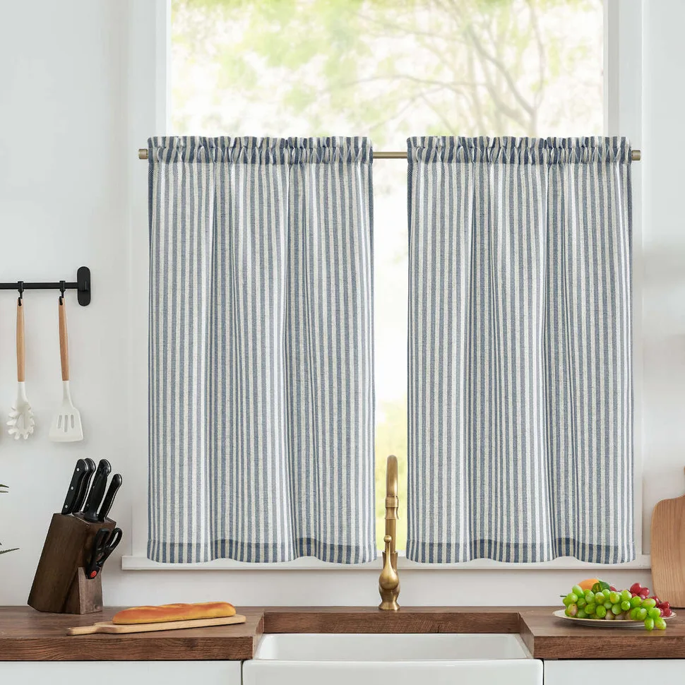 Linen Kitchen Curtains - Japanese Striped Short Rod Pocket Drapes