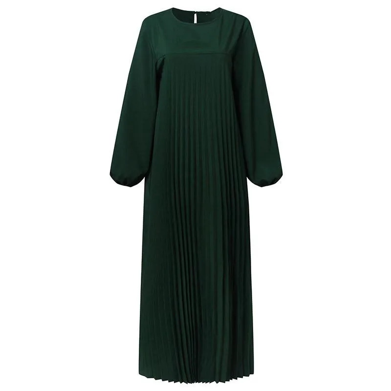 Ramadan Muslim Abayat Temperament Elegant Pleated Skirt Solid Color Abayas for Women Simple Round Neck Long Sleeve Women's Dres