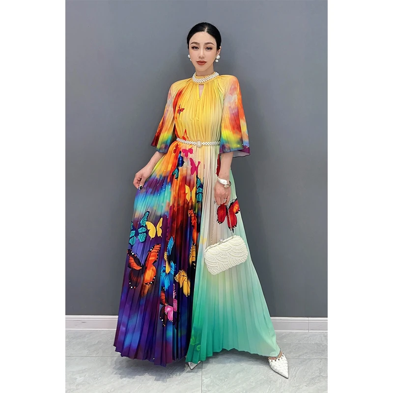 

2024 Summer New Hundred Pleated Printed Short Sleeve Dress Women Heavy-duty Diamond Inlaid Butterfly Flower Yellow Dres LX1352