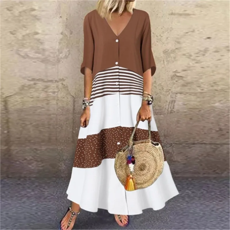 

2024 Summer V- Neck Single-breasted Shirt Dress Women Polka Dot Patchwork Print Button-Down Vacation Casual Dresses Beach Long