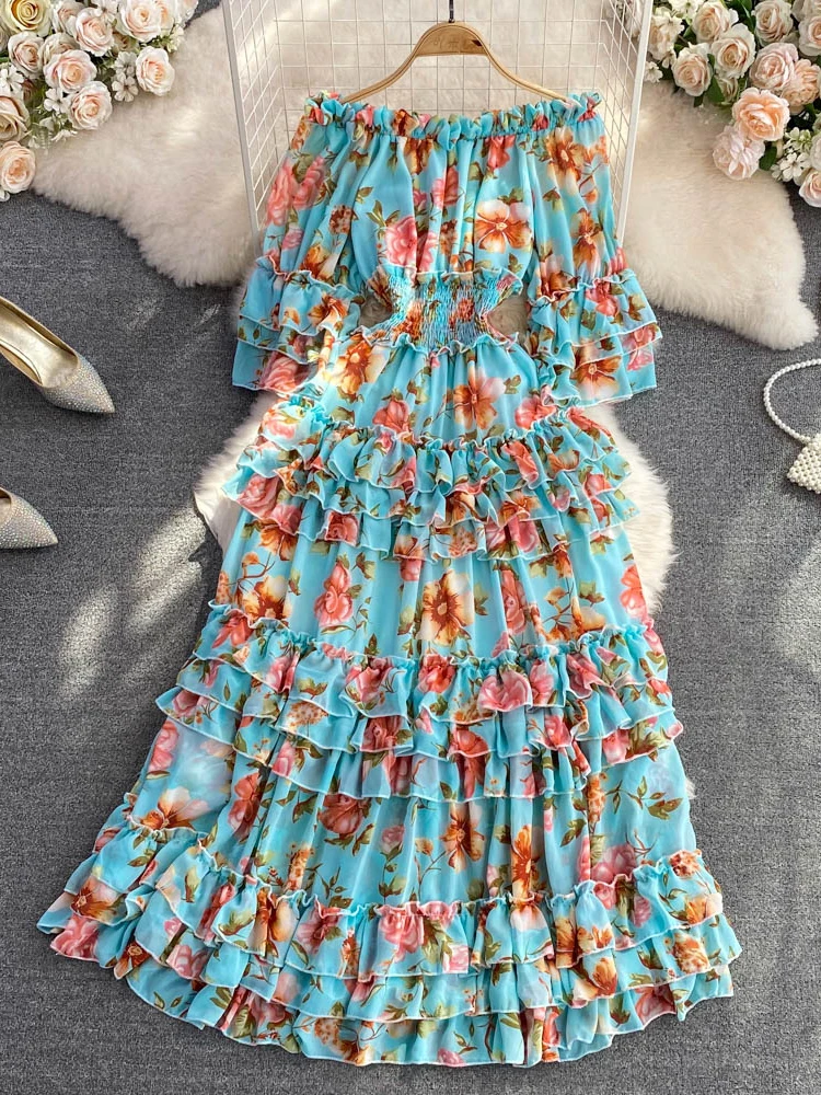 Summer Slash Neck Off Shoulder Long Dress Fashion Lady Vintage Print Waisted Dress Elegant Backless Long Sleeves Slit Maxi Dress main image 1