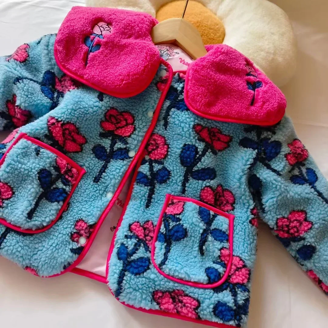 

Korean Children's Flower Jacket Dress For 2023 New Baby Girls Lamb Wool Winter Outerwear Coat Princess Skirt Children's Clothing