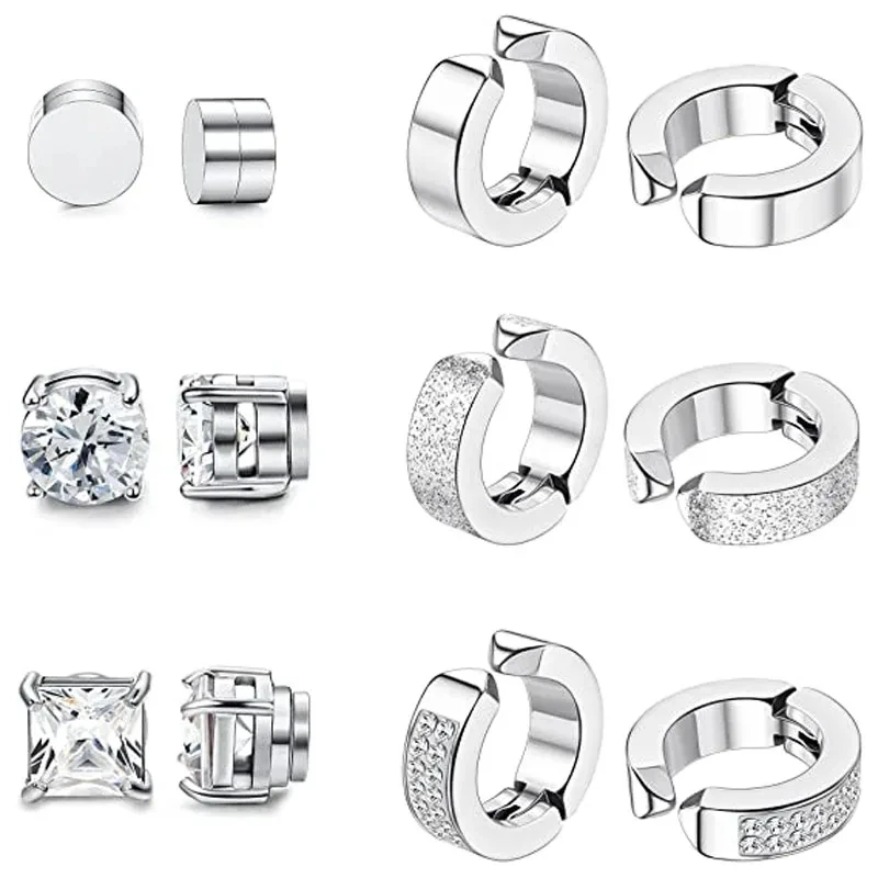 1 Pairs Stainless Steel Magnetic Stud Earrings For Men Women Hoop Earrings Clip On CZ Non-Piercing Steel All Ages
