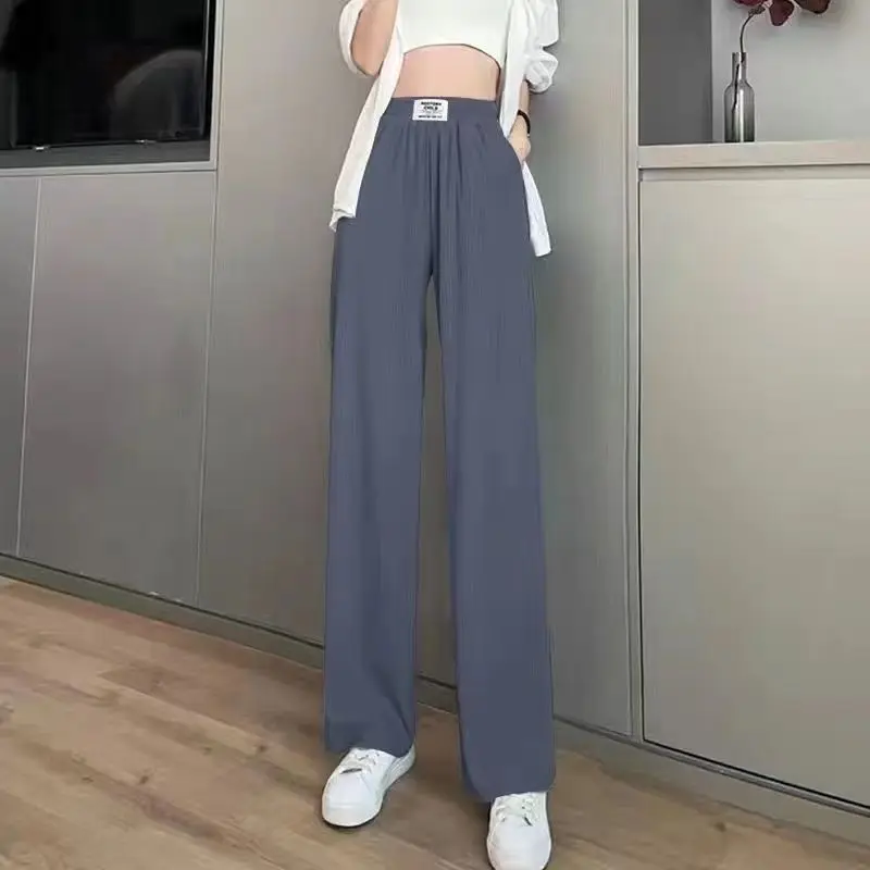 Ice Silk Wide Legged Women's Spring and Autumn Patchwork High Waist Pockets Fashion Slim Drop Straight Casual Floor Slam Pants