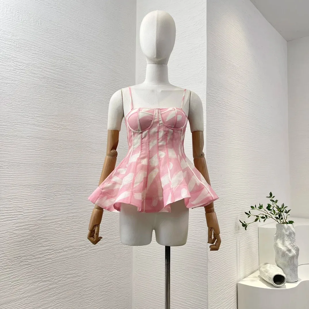 

Silk Linen Pink White Floral Print Camisole Sleeveless Sweet Ruffles Strapless Blouse Tops 2024 New Arrival Summer for Women