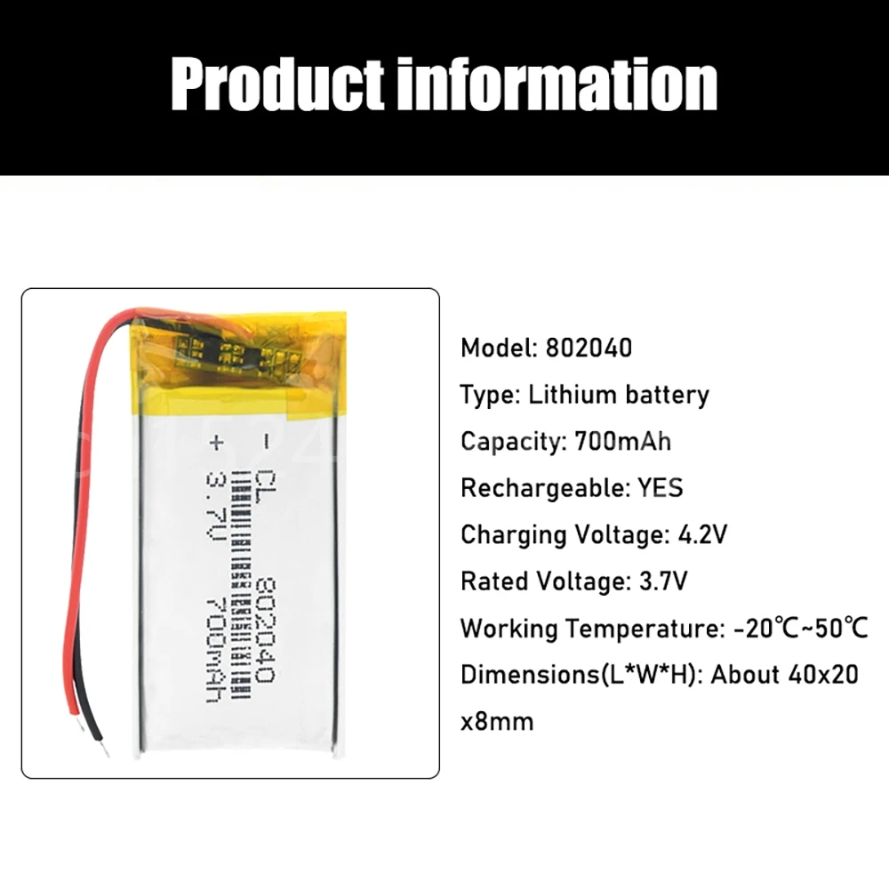 Batería recargable de polímero de litio para coche, dispositivo de 3,7 V, 802040 mah, para MP3, MP4, GPS, grabadora, Auriculares Bluetooth, baterías