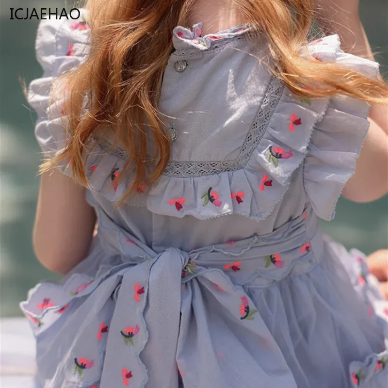 Vintage Baby Girl Dresses Sleeveless O-Neck Palace Princess Floral Embroidery Matching Newborn Vestidos for Eid Summer