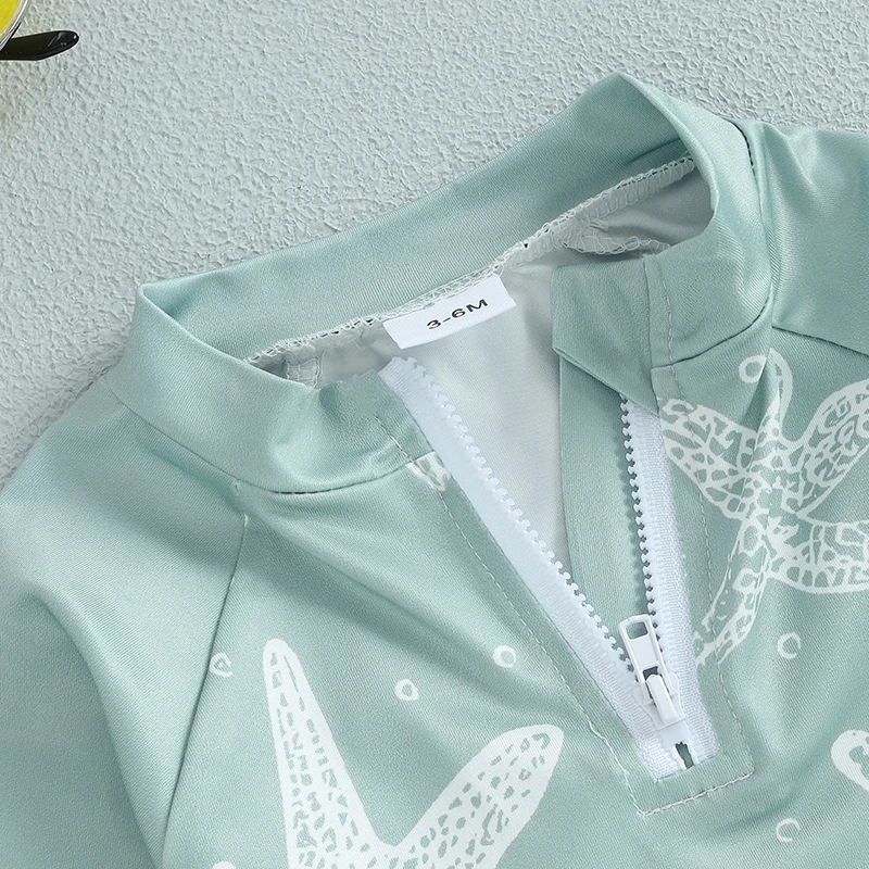 Summer Toddler Kids Baby Boys Rash Guard Swimsuits Starfish Print Long Sleeve Zip Tops with Shorts Swim Hat Bikinis Beachwear