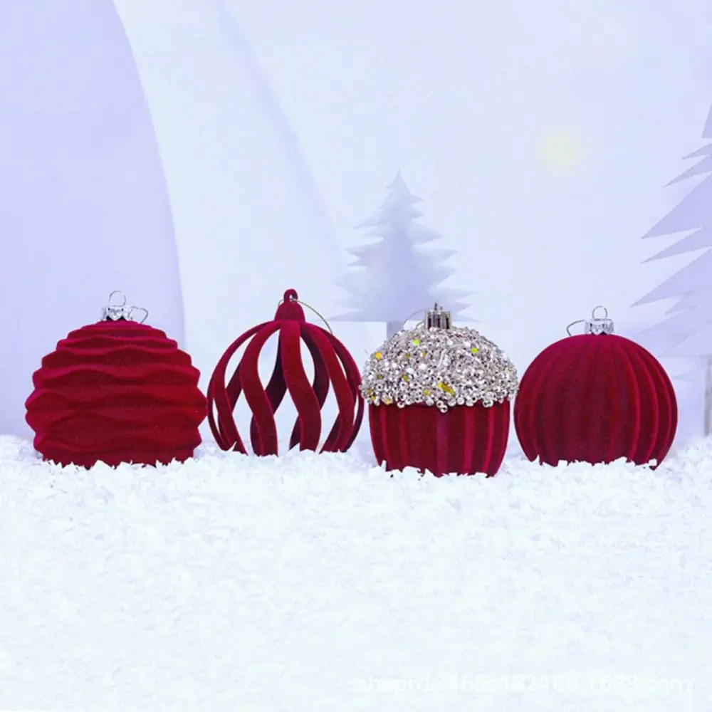 4pcs Flocked Velvet Christmas Ball Delicate Shatterproof Christmas Tree Pendant Decorative Xmas Hanging Ornament Party