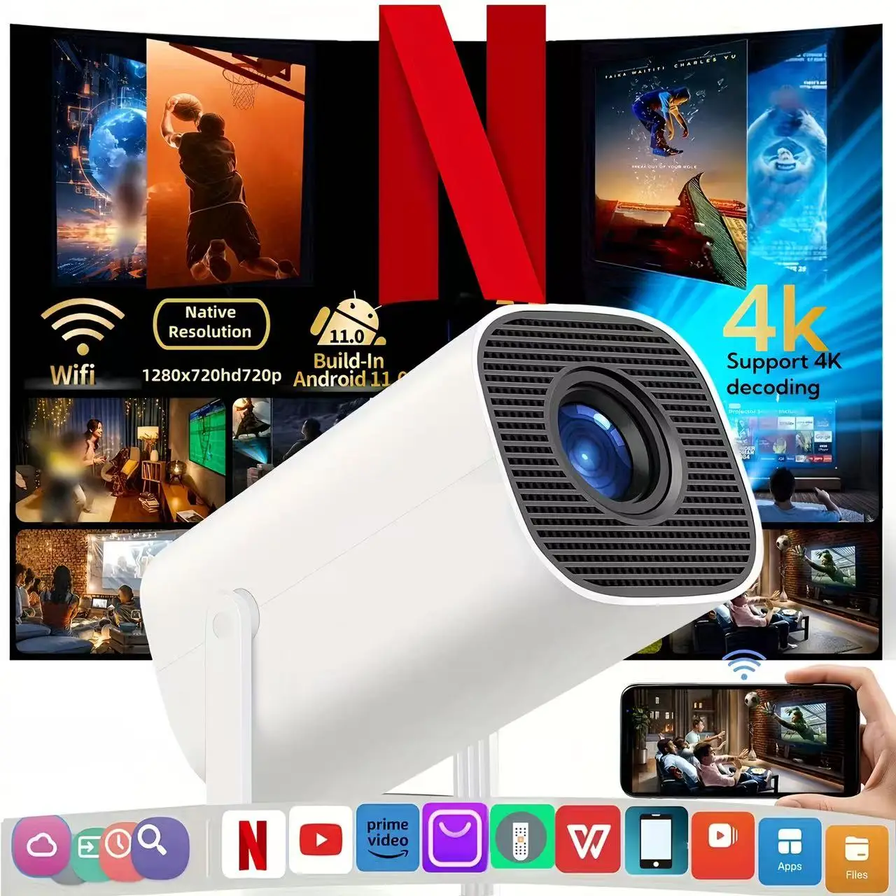New Portable Projector With WiFi 6 And Wireless 5.0, Native 720P Support 4K Smart Projector, Adjustable Screen, 180° Rotation, B