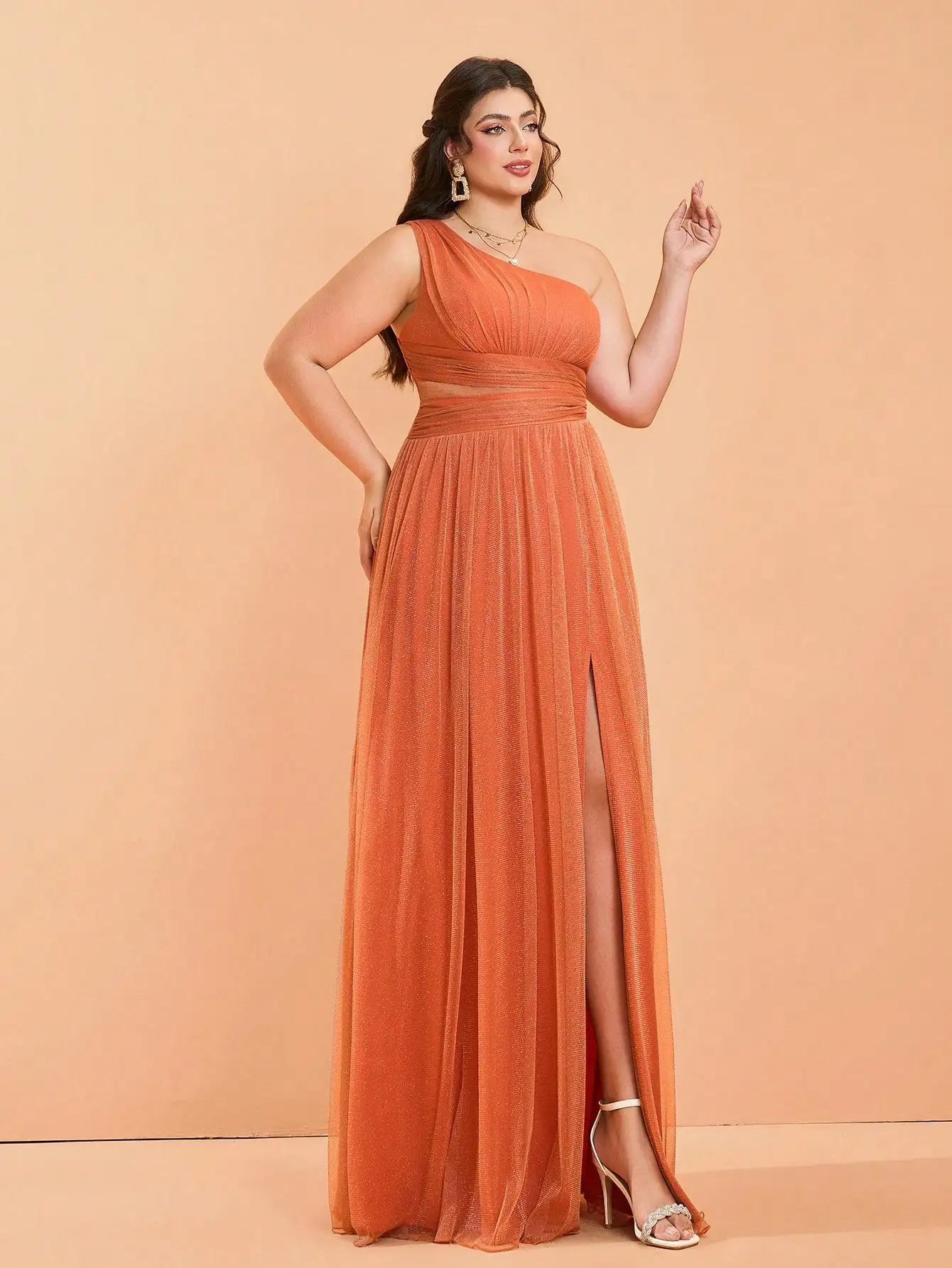 Mgiacy, Neu eingetroffen, One-Shoulder-Kleid, reif, großes Brautjungfernkleid, gerüscht, Perspektive, hoher Schlitz, Netzstoff, A-Linien-Kleid