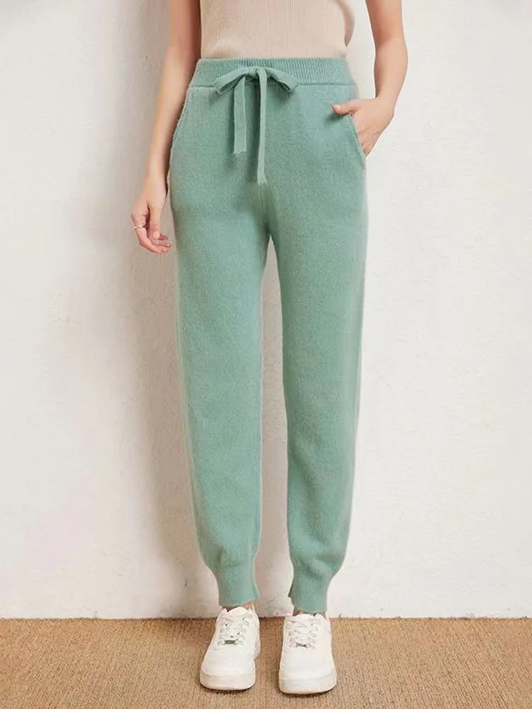 Women's 100% Wool Knitted Trousers, Casual Sports Sweatpants, Korean Version, Small Leg Pants, Female Cashmere Pants, Fashion 4