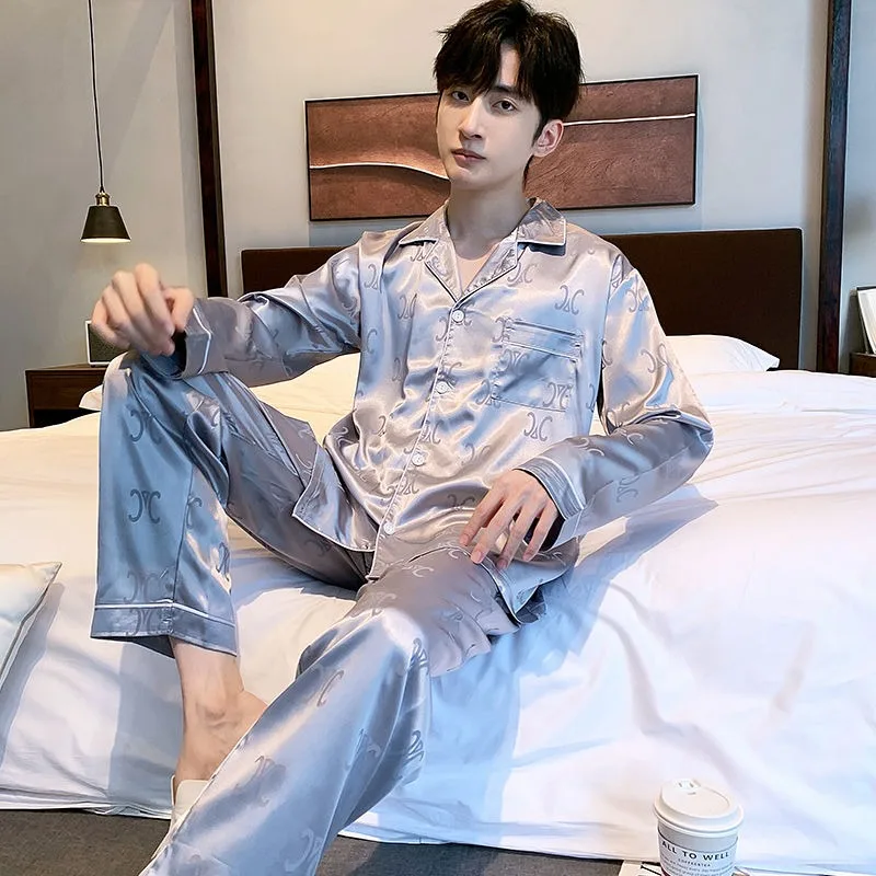 Spring Autumn Men Pajamas Long-Sleeved Trousers Lapel Cardigan Jacquard Ice Silk Male Homewear Large Size Leisure Sleepwear Suit