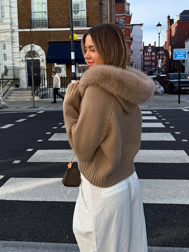 خمر مقنعين فو الفراء طوق سترة معطف المرأة  الخريف الشتاء كسول مزدوجة سحابات سترة متماسكة الصلبة بلوزات قصيرة غير رسمية