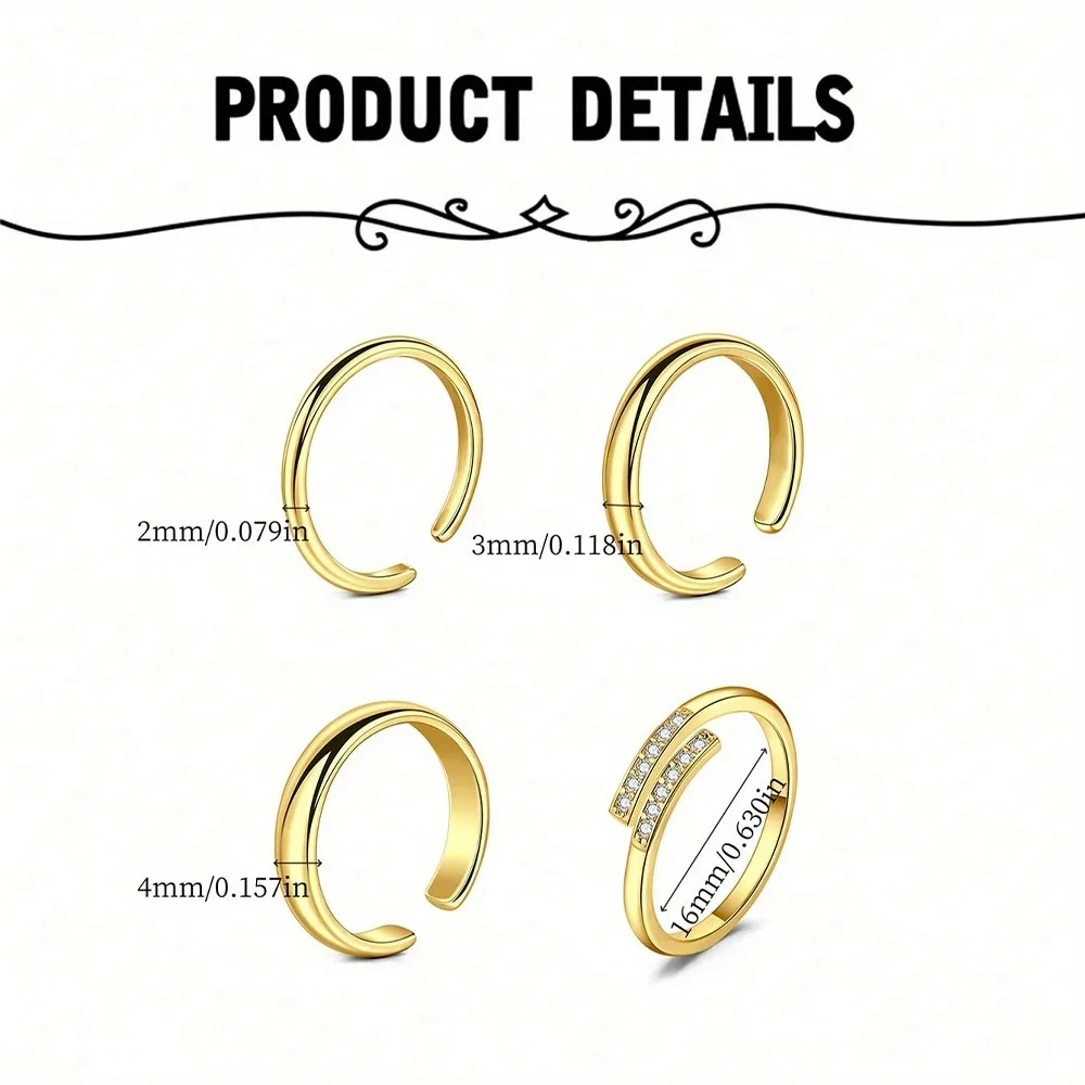 Stainless Steel Toe Ring Pack Set 4pcs Hollow Love Flower Leaves Spot Drill Moon Multi-Style Size Adjustable Summer Beach Must ring set,stainless steel ring,finger ring,adjustable rings