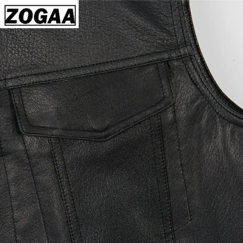 ZOGGA 2021 Men Vest Black Biker Motorcycle Hip Hop Waistcoat Male Faux Leather Punk Solid Black Spring Sleeveless Leather Vest