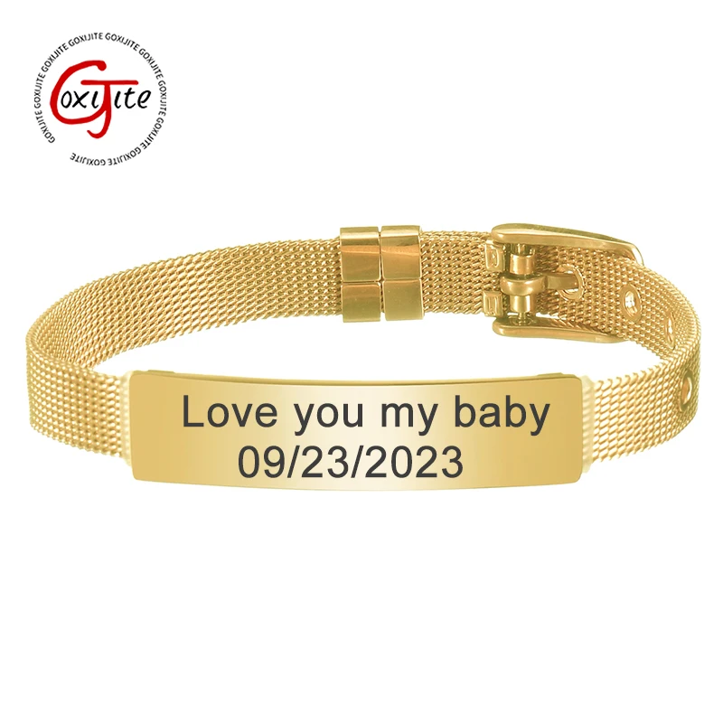 Goxijite DIY Lettering Bracelet Stainless Steel Curved Card Engraving Name Adjustable Bracelet For Men Women Accessories Gift muxiang handmade briar tobacco pipe 3mm pipe channel 19mm pipe bowl vulcanized rubber curved handle egg pipe father s day gift