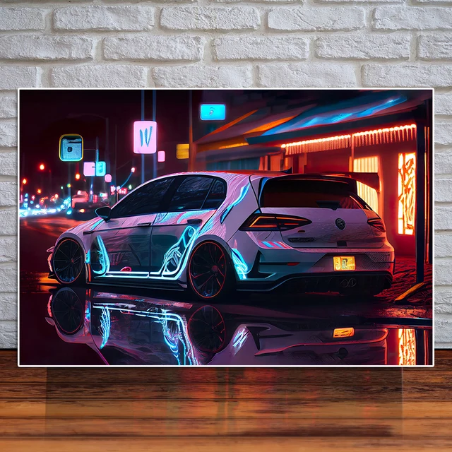 Affiche de voiture de sport de golf classique rétro, graffiti de course au néon, peinture sur toile, art mural de club de sourire, salon, décoration d'intérieur 1