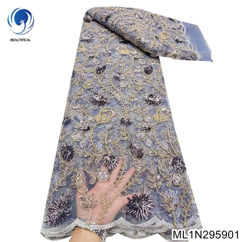 

African Trim Sequin Sewing Fabric And French Lace Fabric 100% Polyester 2023 Elegant Socialite Party Dress ML1N2959
