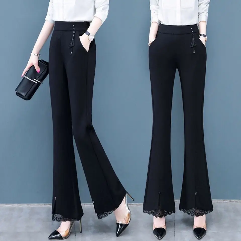 

Spring Autumn Commute Elastic High Waist Solid Color Flare Pants Fashion Women's Clothing Korean Lace Spliced Casual Trousers