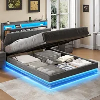 Large Lift Storage Bed Frame, Storage Headboard with Charging Station, Soft Cushioned Platform Bed with LED Lights 1