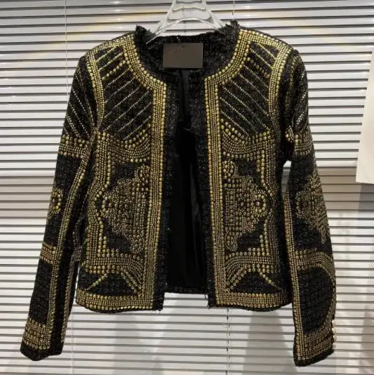 

New heavy industry golden rivet tweed short coat women's casual fashion blezer women jacket