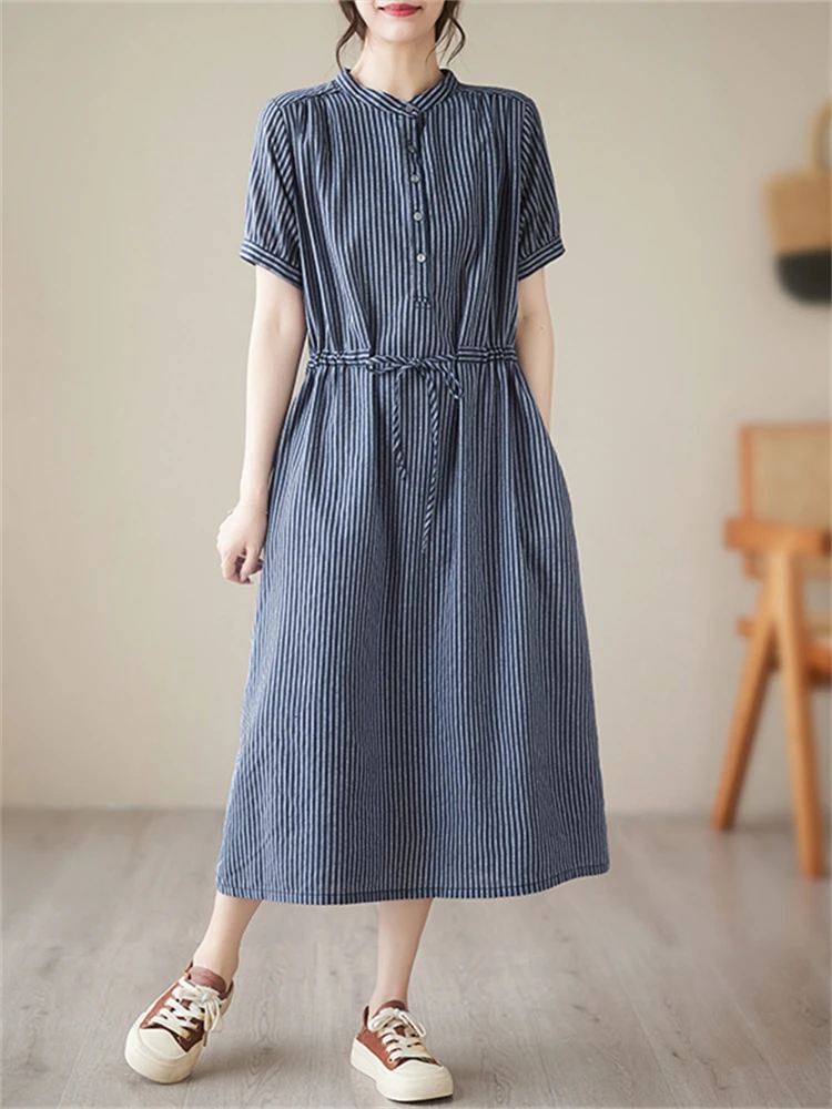 Cotton Vintage Striped Dresses Women 2025 New Summer Casual Loose Short Sleeve Dress Femme Robe Vestidos Elegant Fashion Clothes