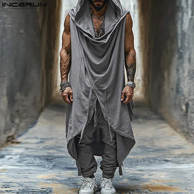 Fashion Casual Style Sets INCERUN New Men's Hooded Swinging Neck Sleeveless Drawstring Vests Pant Streetwear Two-piece Sets 2024 3
