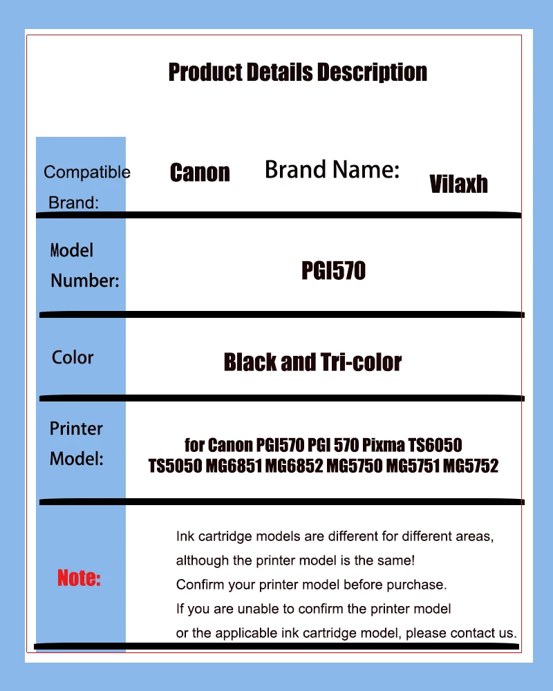 Vilaxh PGI-570 CLI-571 Refillable Ink Cartridge for Canon PGI570 PGI 570 Pixma TS6050 TS5050 MG6851 MG6852 MG5750 MG5751 MG5752