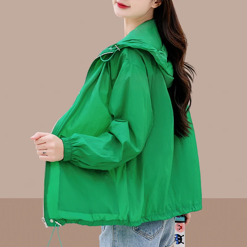 

2024 Summer Women Fashion Sun Protection Clothing Female Solid Color Hooded Jackets Ladies Loose Short Sunscreen Coats S47