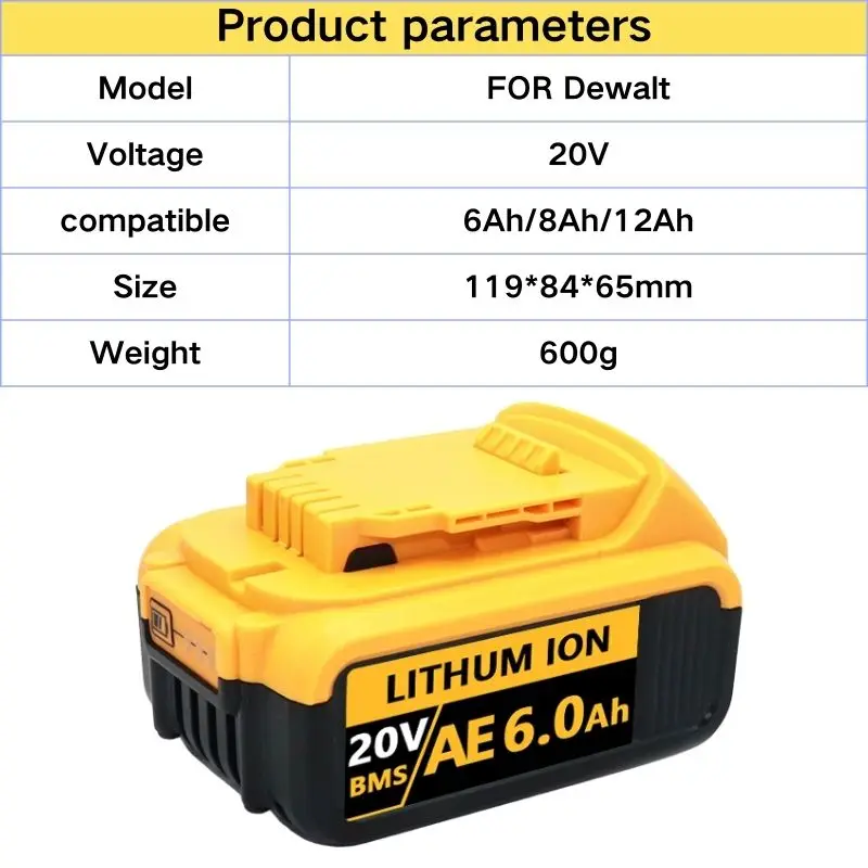 Aoae 충전식 전동 공구 배터리, DEWEI 20V 12000mAh, LED 리튬 이온 교체, DCB205 DCB184 DCB200