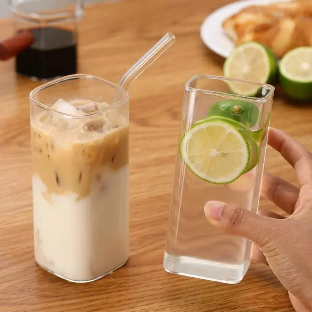 Home Transparent Square Heat Resistant Coffee Glass Cup with Lid and Straw, Milk, Tea, Juice Cups, Coffee Mug for Bar Drinkware
