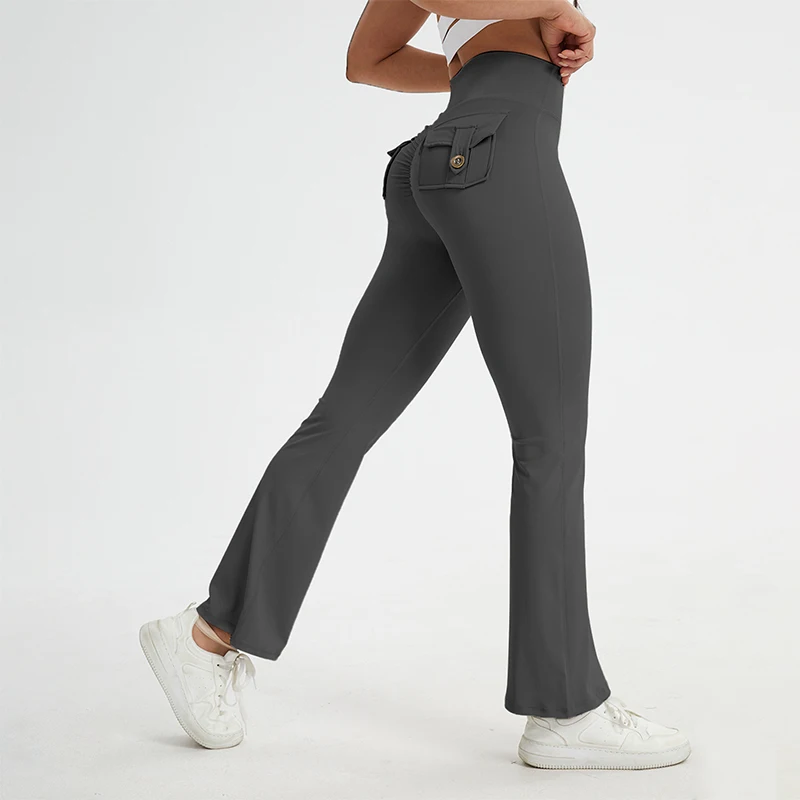 Damen Schlaghosen für Yoga, Frühjahr 2026 Neuheit, Cargo-Leggings mit Taschen, Po-Lifting-Effekt, Weite Beine, Sport-Leggings – Detail 11