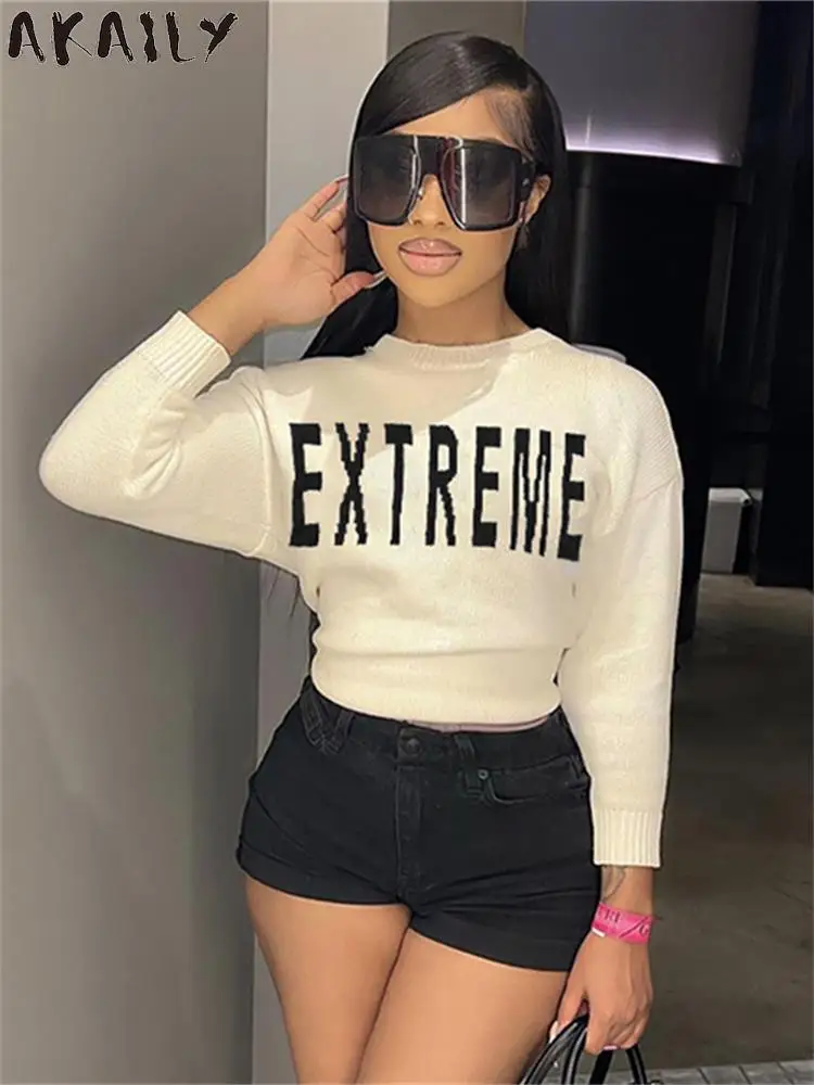 

Akaily Winter White Letter Long Sleeve Sweater Vacation Causal For Women 2023 Streetwear Black Knitted Pullovers Fashion New Top