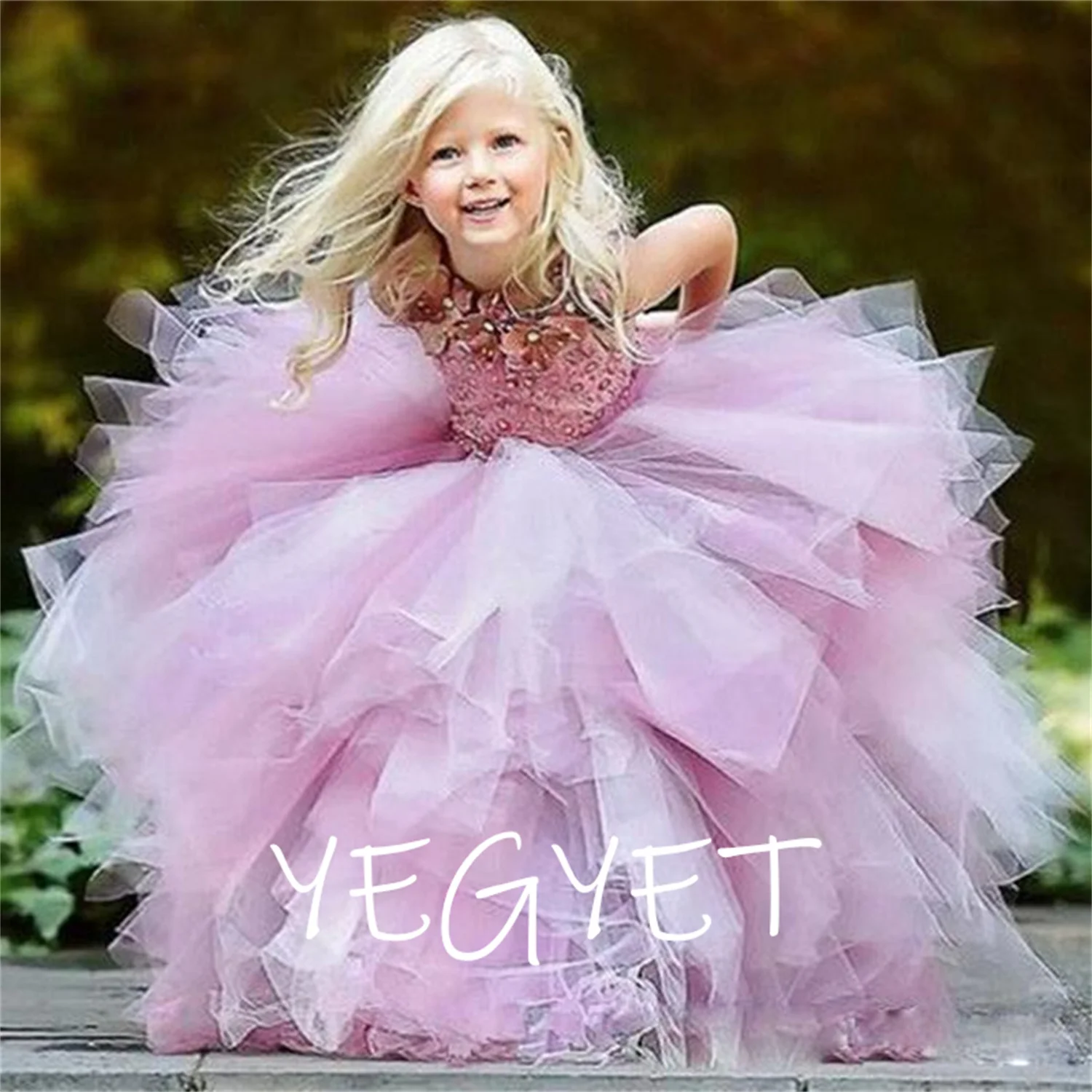 

Pink Appliques Girls Pageant Dress Sleeveless Bling Sparkling Beaded Ball Gown for Weddings Floor Length Flower Girl Dresses