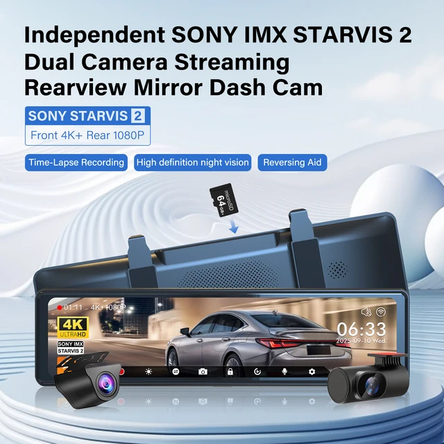 653993-7f8fef.jpg Adinkam 11 "4K + 1080P SONY IMX STARVIS 2 تدفق مرآة داش كام كاميرا مزدوجة واي فاي GPS 24H شاشة ركن السيارة للرؤية الليلية