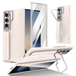 Magnetic Hinge Phone Case with Camera Lens Holder, Soft Wrist Strap, and Protective Film - Galaxy Z Fold 8 Ultra (Beige)
