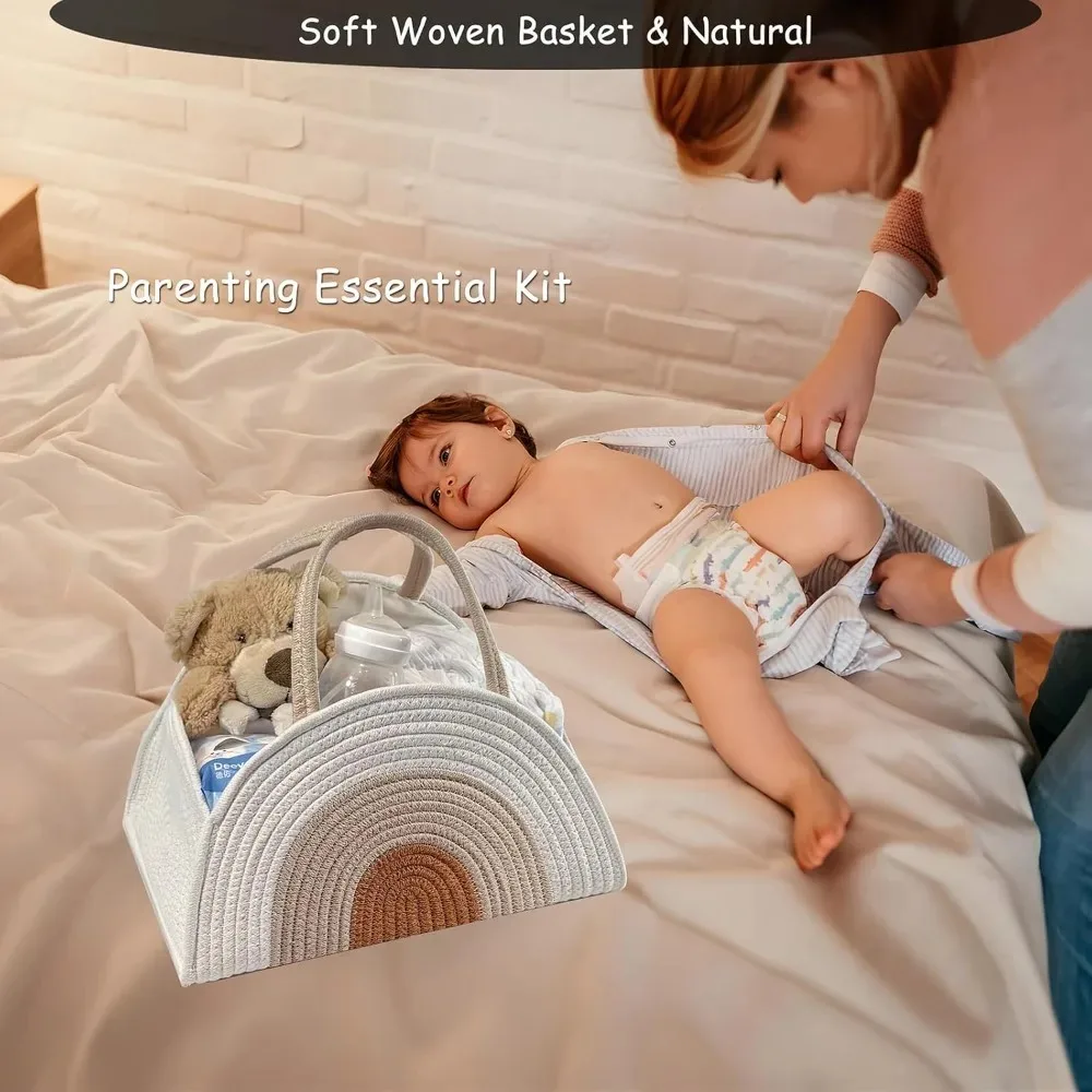 Diaper Caddy Organizer with Gift Bags and Ribbons - Sturdy Cotton Rope Basket for Baby Girl & Boy Newborn Essentials