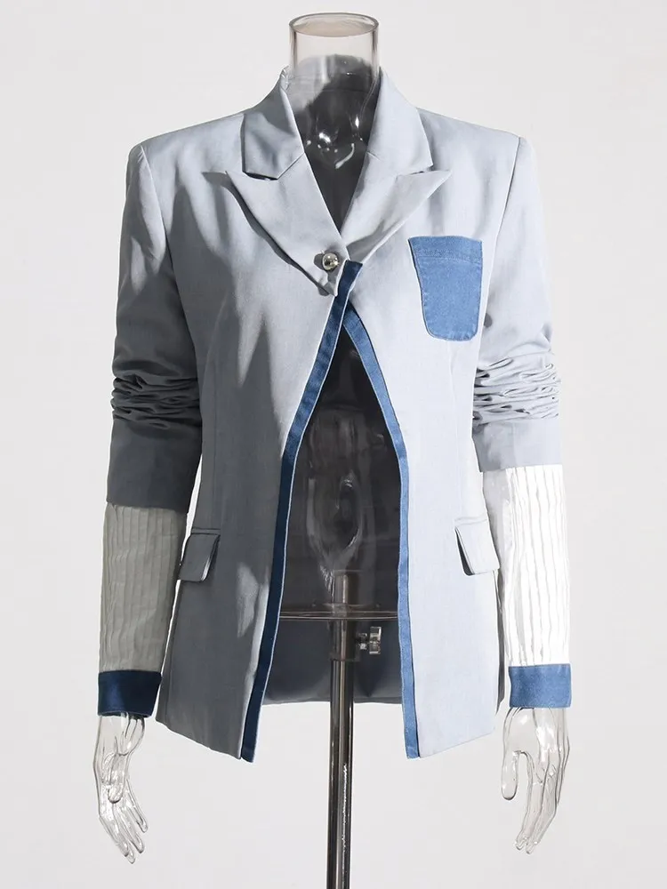 BPN Spliced Denim Irregular Blazers For Women Notched Collar Long Sleeve Hit Color Patchwork Single Button Blazer Female Clothes