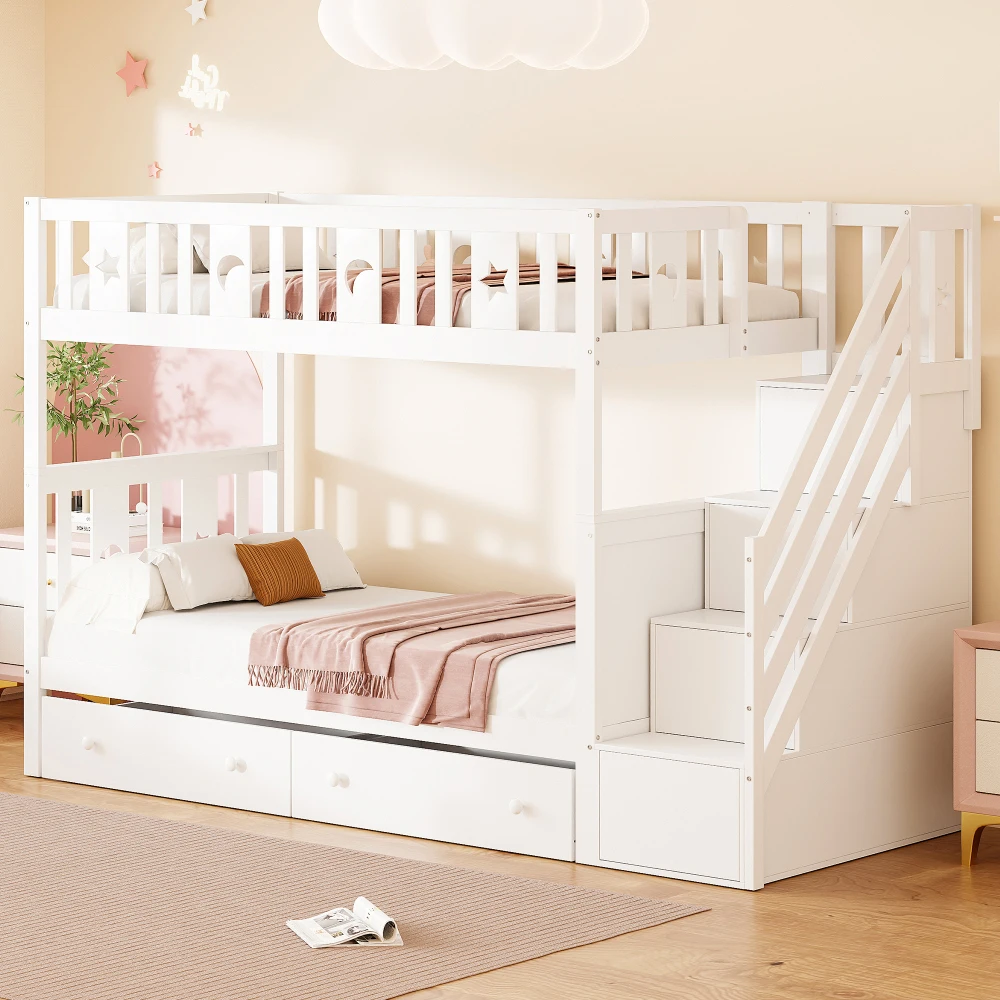 Kinderbett 90*200cm, Etagenbett aus Massivholz mit Sicherheitstreppe, Stauraumtreppe, zwei große Schubladen und Gitter, Weiß – Detail 2