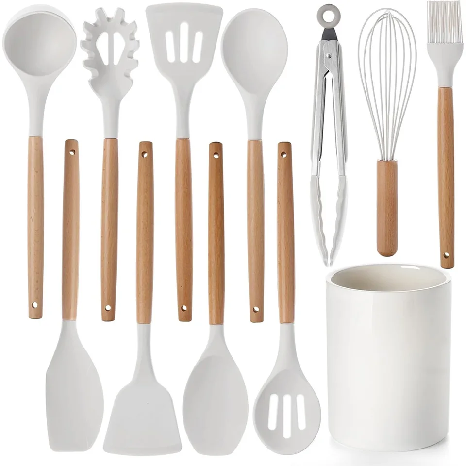12 Piece Silicone Kitchen Utensil Set with Wooden Handles