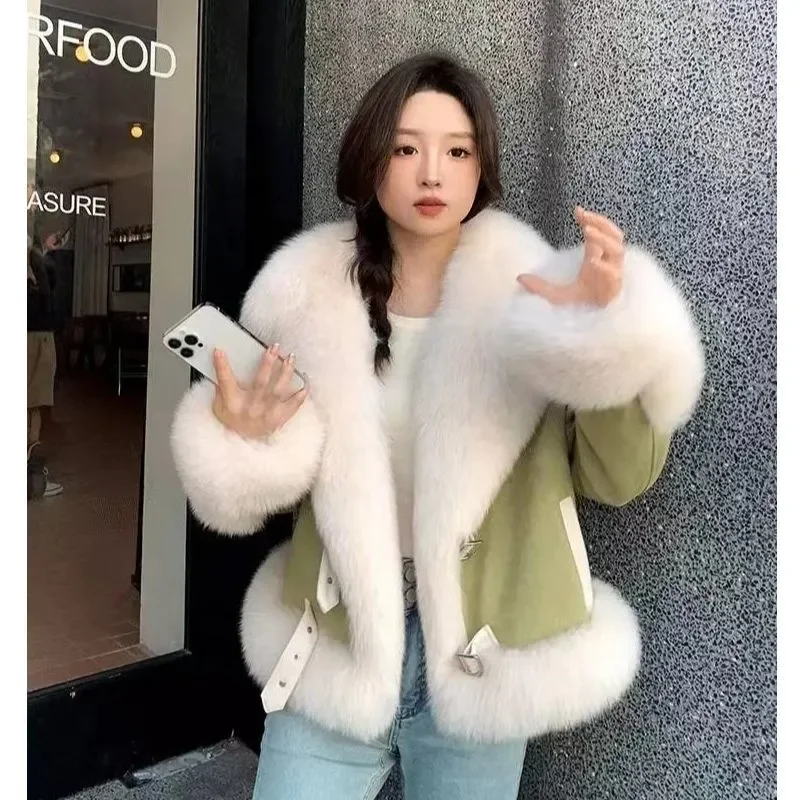 Fashion Imitation Fox Fur Grass Coat Women's Short 2024New Furry coat Woolen collar thickened warm coat for winter Fur Coat Pink