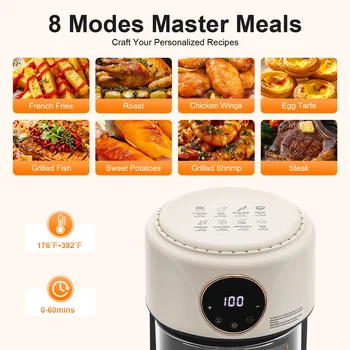 4.2L 1200W 360° Viewable Airy Fryer Borosilicate Glass Air Fryer Touchscreen Digital Display 8 Preset Cooking Modes 0-60min Timer 176℉-392℉ Adjustable Temp Non-stick Dishwasher Safe Pot Even Hot Air Circulation Electric Fryer for Home Kitchen Daily Use 5